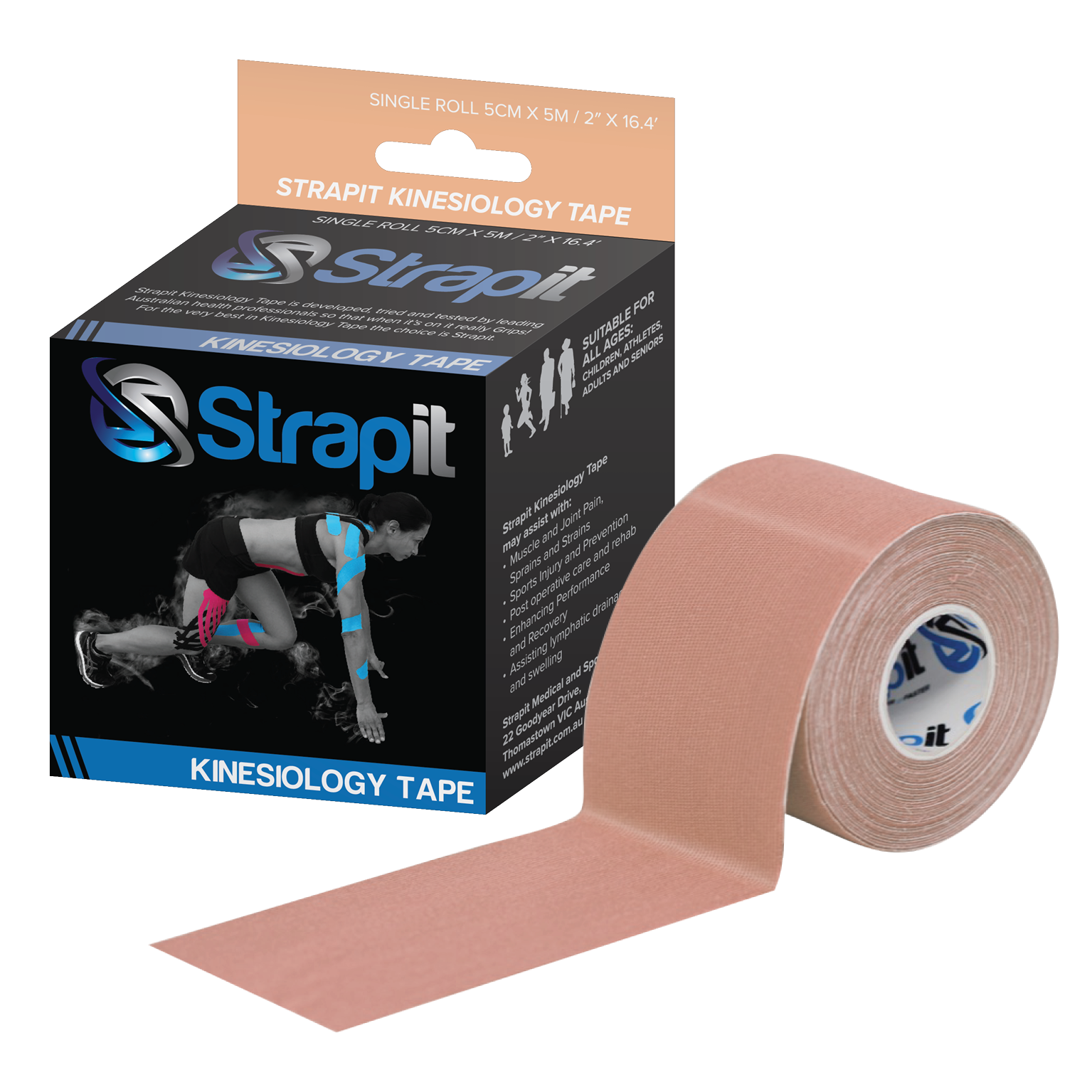 Strapit Kinesiology Tape USA, tan tape roll with box packaging